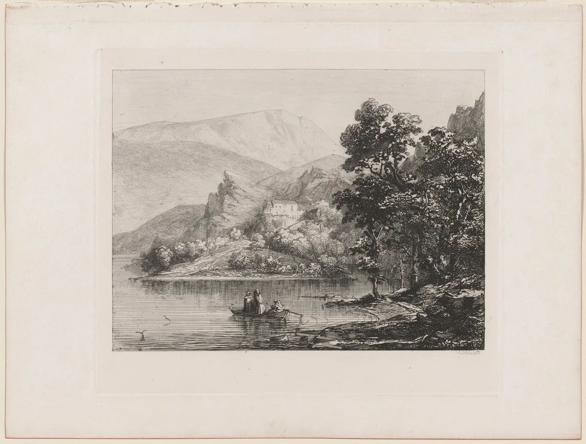 Mountain Lake with Monks in a Boat by Caspar Johann Nepomuk Scheuren, portfolio, 1842