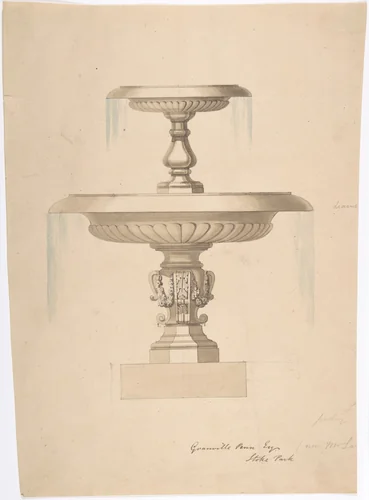 Design for a Fountain with Two Basins (recto); Another design (verso) by anonymous, drawing, 1800-1900