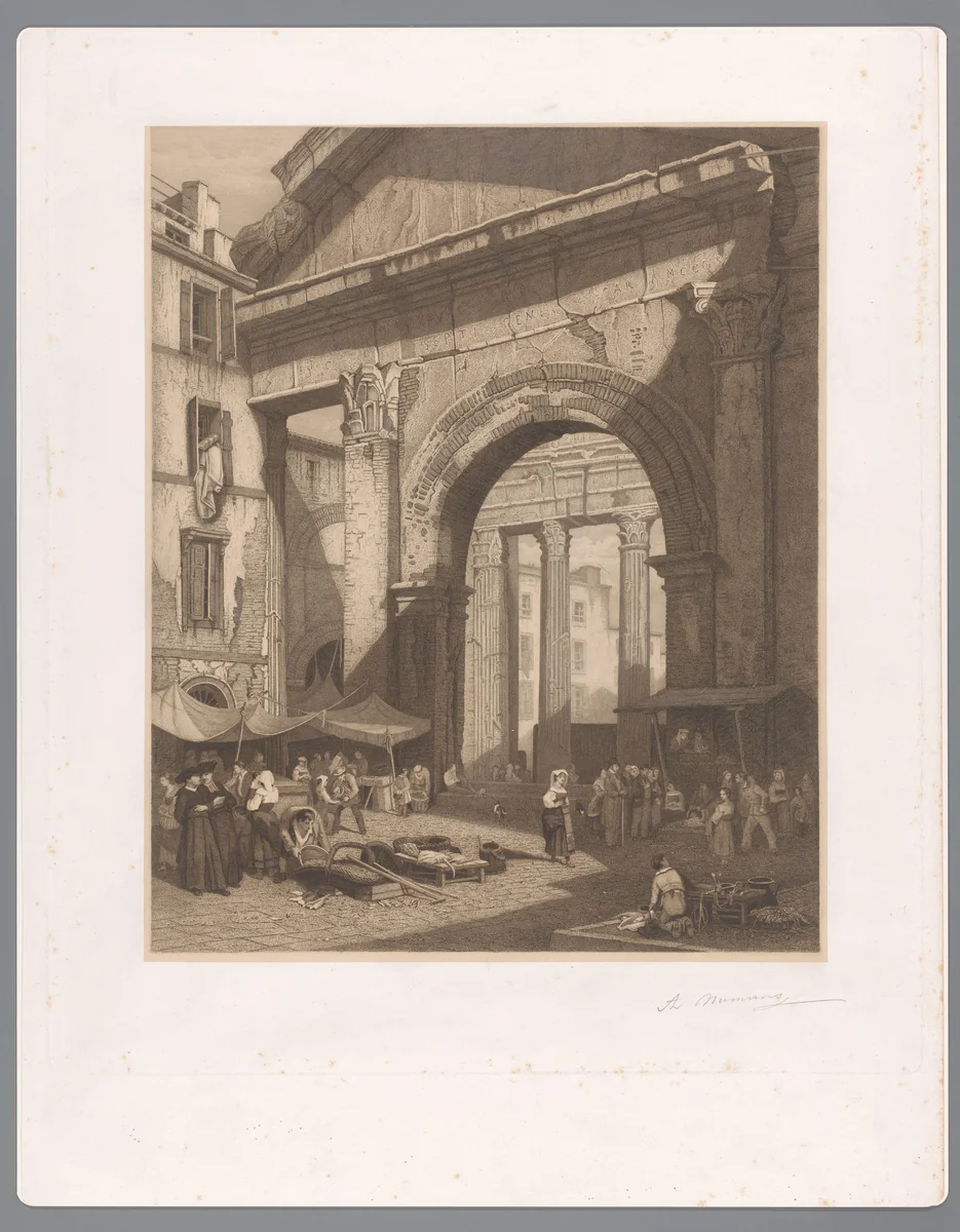 Vismarkt bij de Porticus van Octavia te Rome by Auguste Numans, print, 1833-1883