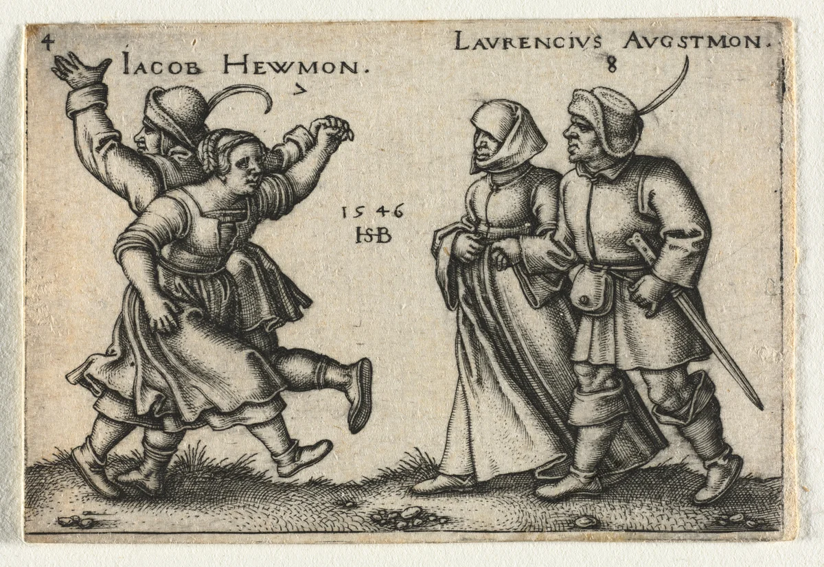 The Peasant Wedding or the Twelve Months: 7 Jacob Hewmon 8-Laurencius Augstmon by Hans Sebald Beham, print, 1546