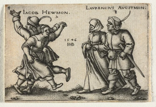 The Peasant Wedding or the Twelve Months: 7 Jacob Hewmon 8-Laurencius Augstmon by Hans Sebald Beham, print, 1546