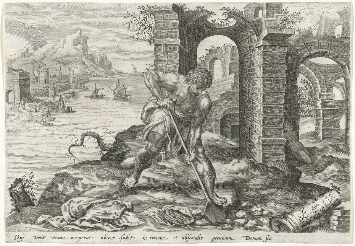 Dienaar begraaft zijn talent by Unknown, print, 1565-1572