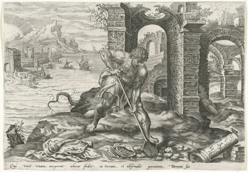 Dienaar begraaft zijn talent by Unknown, print, 1565-1572