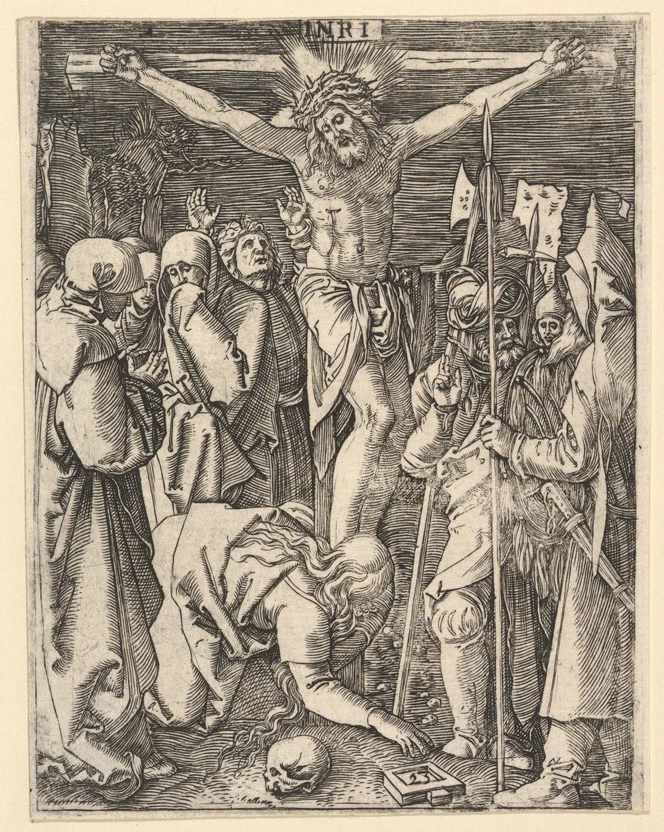 The Crucifixion: Christ on the cross with Magdalen in foreground, from "The Passion of Christ", after Dürer by Marcantonio Raimondi, print, 1500-1534