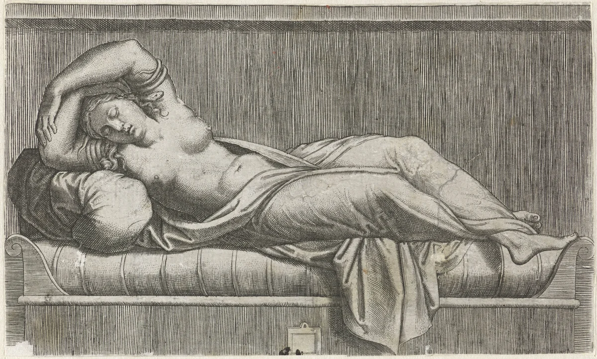 Cleopatra halfnaakt liggend op bed by anonymous, print, 1515-1575