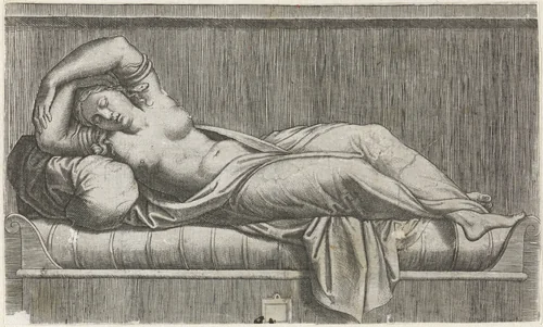 Cleopatra halfnaakt liggend op bed by anonymous, print, 1515-1575