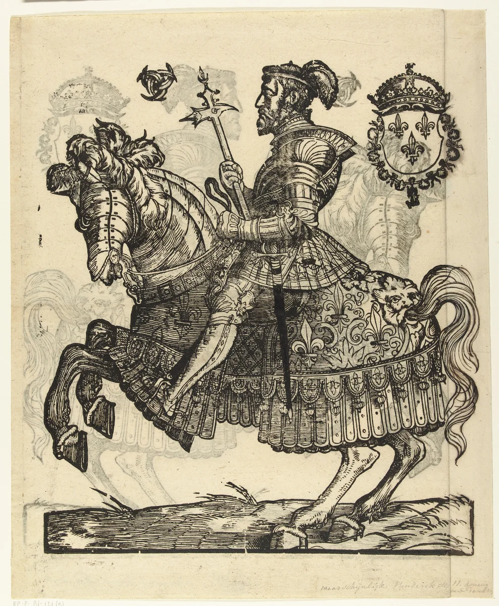Portret van Hendrik II van Frankrijk te paard by Cornelis Anthonisz, print, 1538-1547