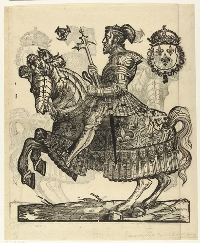 Portret van Hendrik II van Frankrijk te paard by Cornelis Anthonisz, print, 1538-1547