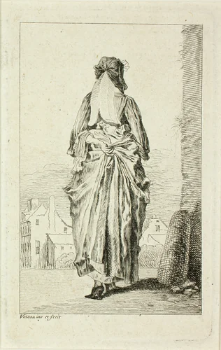 Woman Seen from Behind, from Figures de modes by Jean-Antoine Watteau, print, 1705-1715