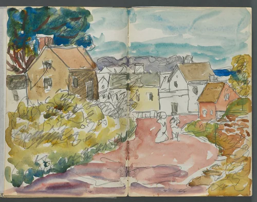 Sketchbook, The Dells, N° 127, page 166 & 167: Village with Houses and road by Maurice Prendergast, book, 1919-1921