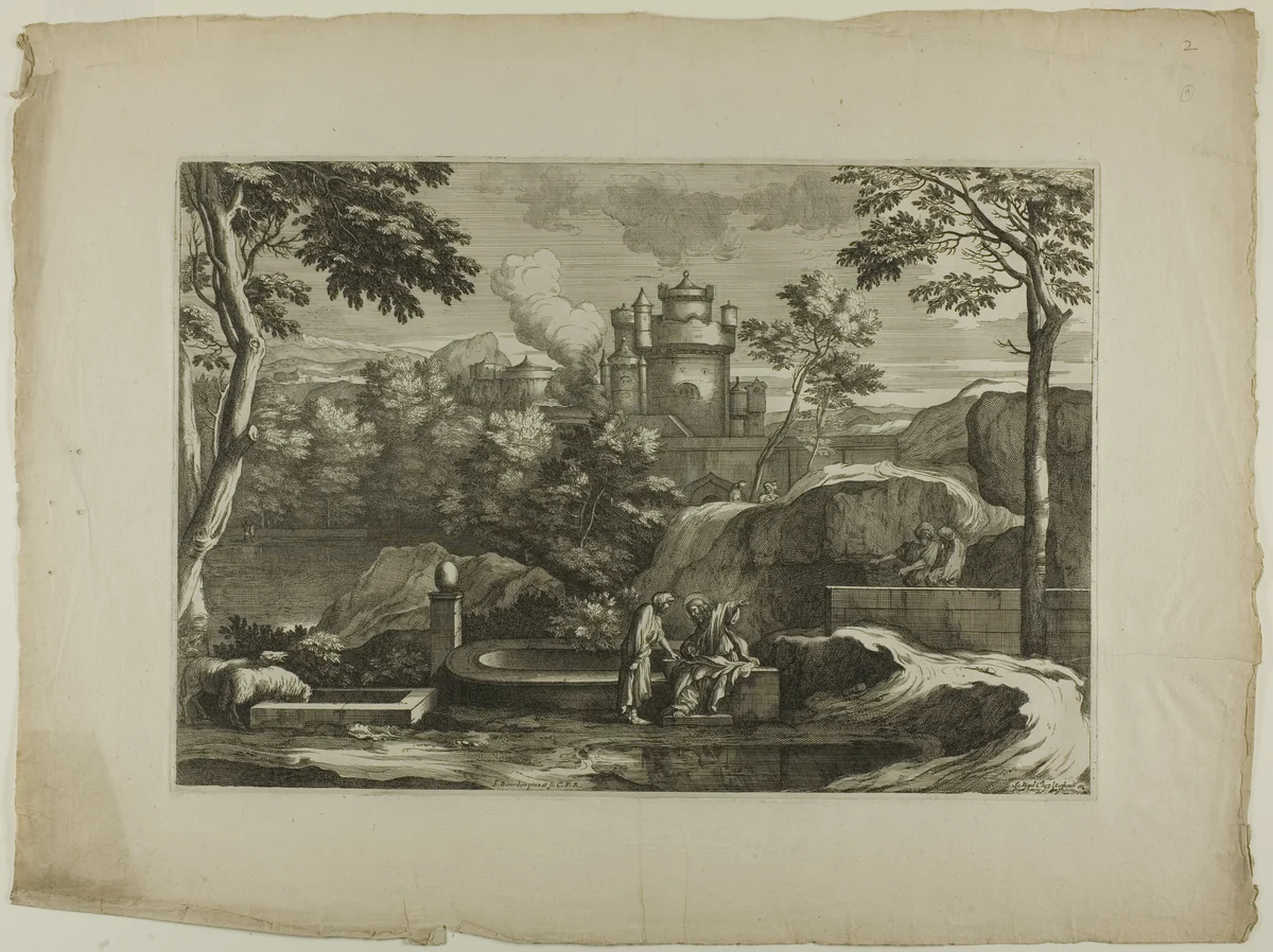 View of a City (Christ with the Good Samaritan at the Well) by Sébastien Bourdon, print, 1601-1700