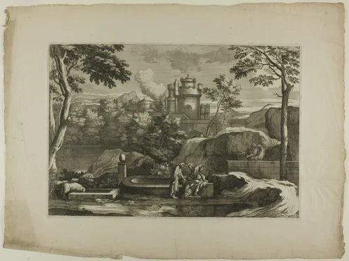 View of a City (Christ with the Good Samaritan at the Well) by Sébastien Bourdon, print, 1601-1700