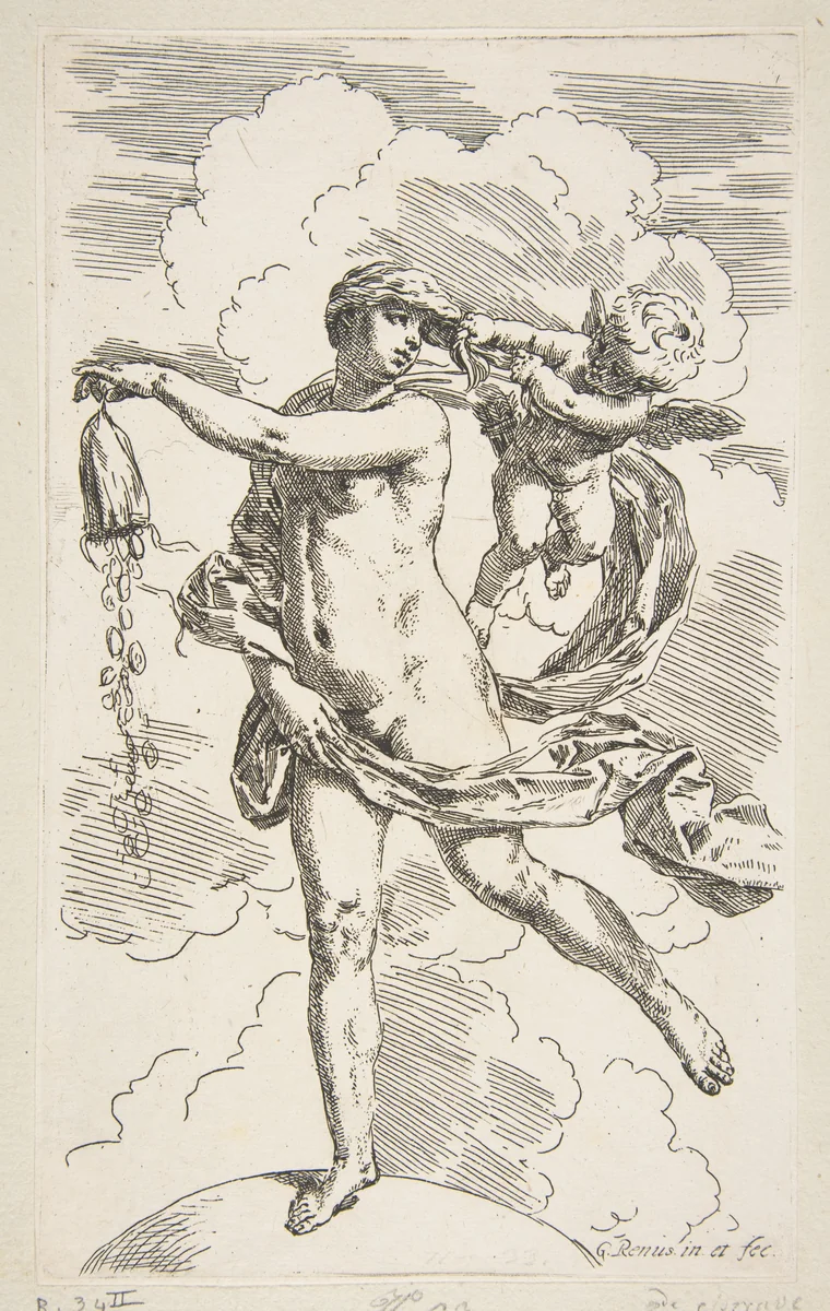 Fortune standing on a globe emptying a purse of coins by Simone Cantarini, print, 1630-1640
