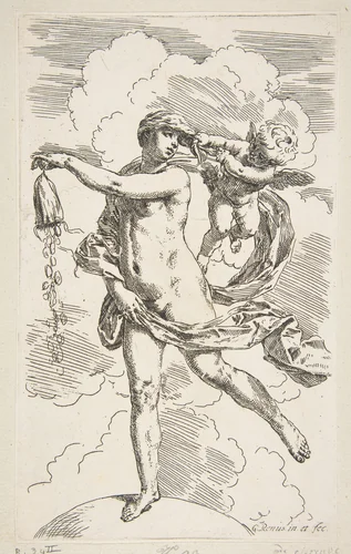 Fortune standing on a globe emptying a purse of coins by Simone Cantarini, print, 1630-1640