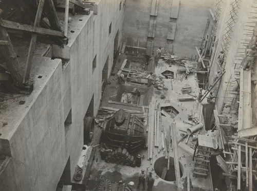 Balboa Terminals. Dry Dock #1. Pumping Plant. Erecting 54 inch check valves. Looking West by Unidentified Photographer, photograph, 1916