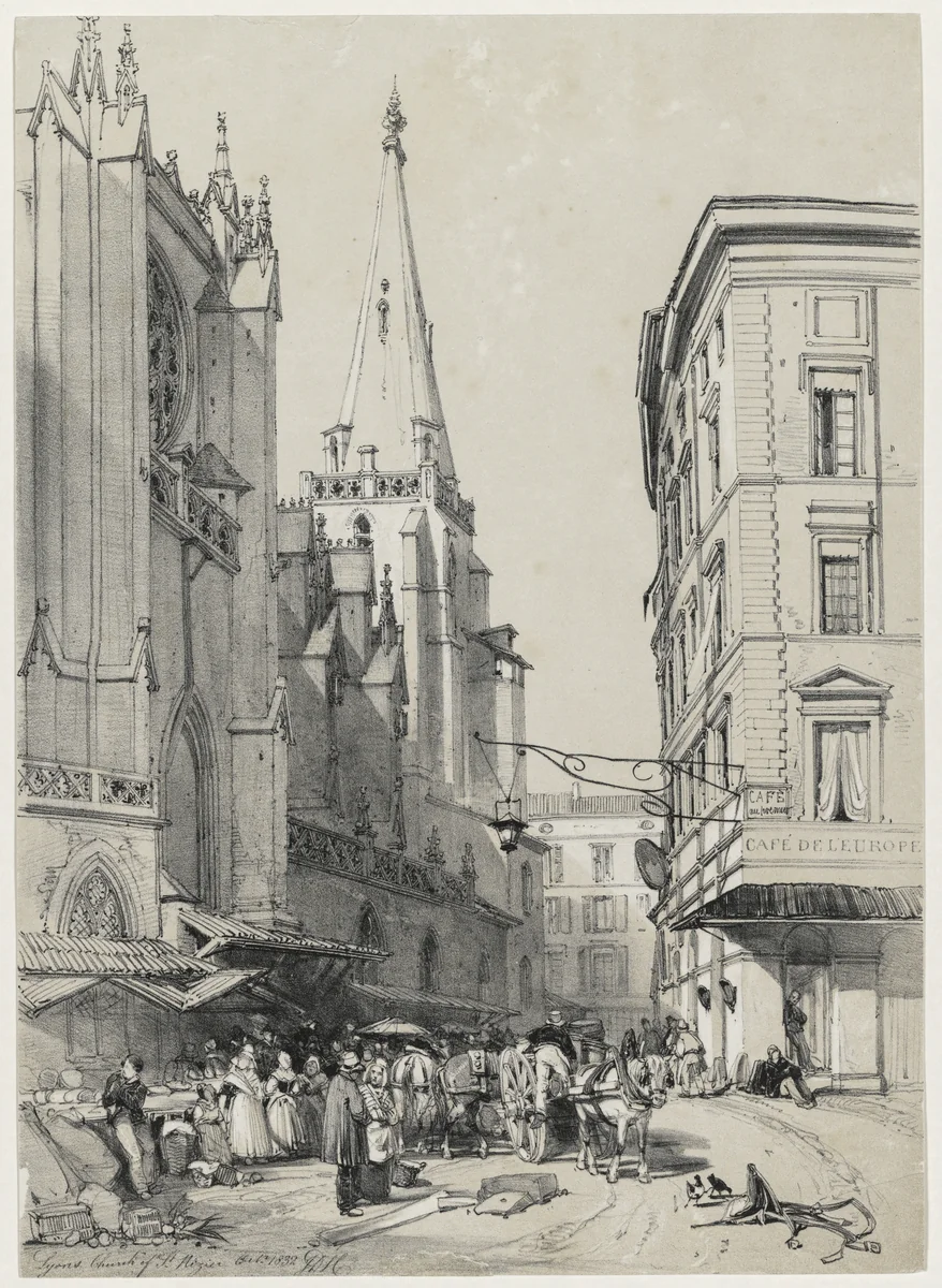 Sketches at Home and Abroad: Lyons Church of St. Hezier, October 1832 by James Duffield Harding, print, 1832