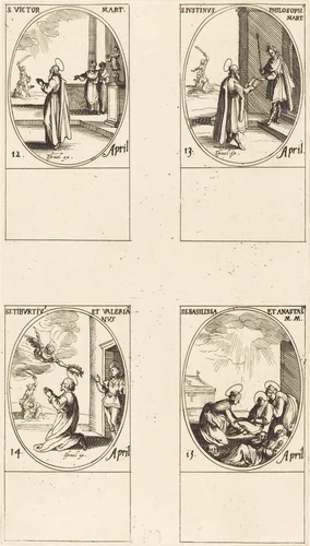 St. Victor; St. Justinus; Sts. Tiburtius and Valerianus; Sts. Basilissa and Anastasia by Jacques Callot, print, 1627-1637