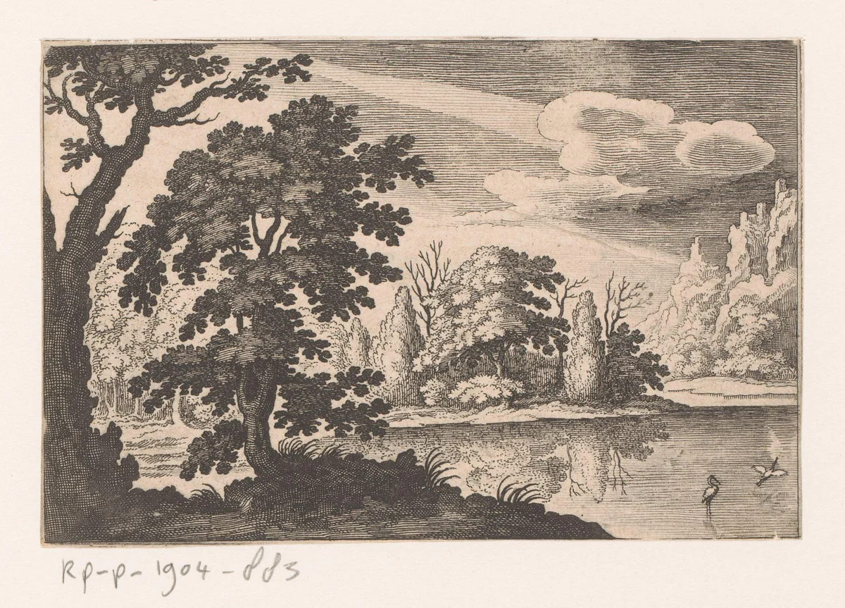 Landschap met vijver en twee ooievaars by Matthäus Merian, print, 1603-1650