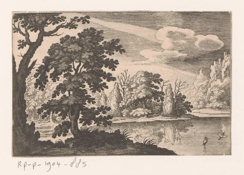 Landschap met vijver en twee ooievaars by Matthäus Merian, print, 1603-1650