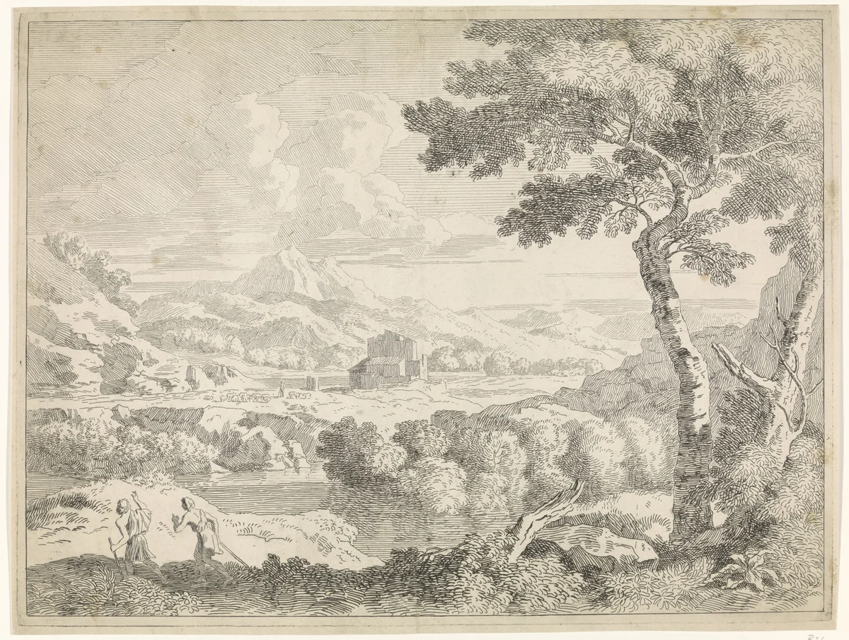 Heuvelachtig landschap met herders by Johannes Glauber, print, 1656-1726