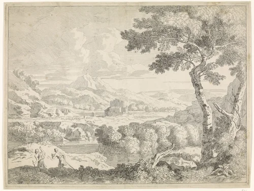 Heuvelachtig landschap met herders by Johannes Glauber, print, 1656-1726