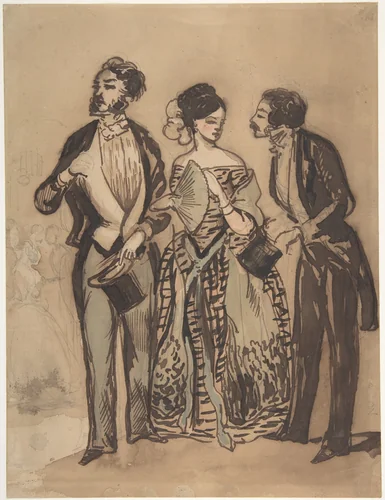 Two Gentlemen and a Lady by Constantin Guys, drawing, 1815-1892