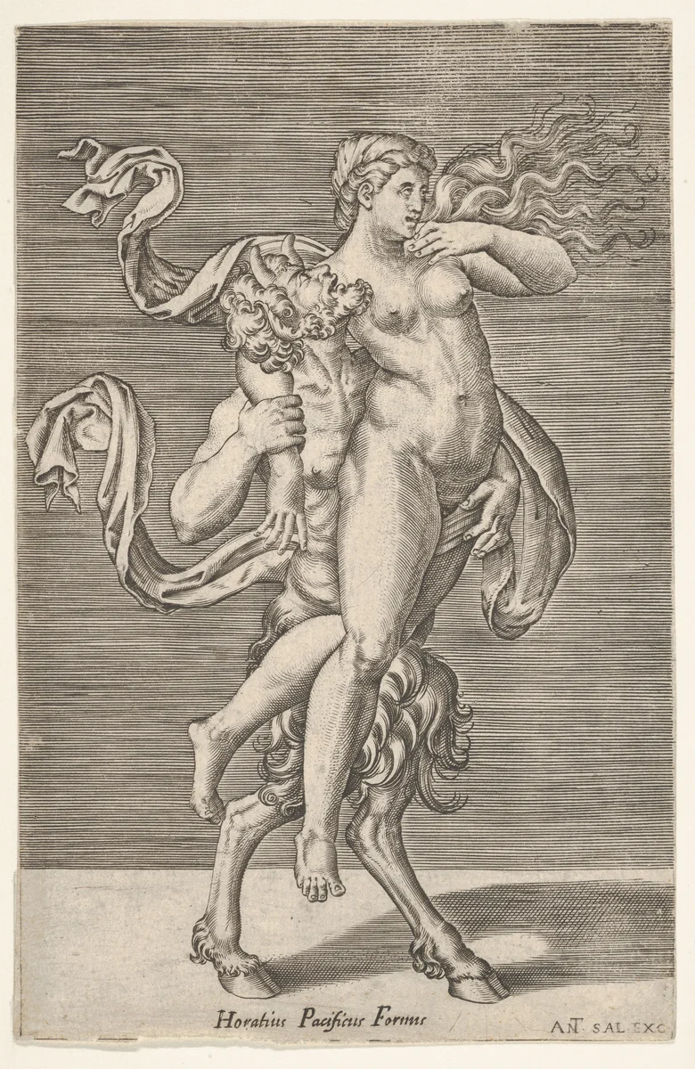 Satyr carrying a nymph, whose right arm is wrapped around the satyr's neck, with a planar background by Giulio Romano, print, 1505-1562