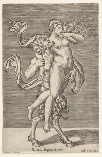 Satyr carrying a nymph, whose right arm is wrapped around the satyr's neck, with a planar background by Giulio Romano, print, 1505-1562