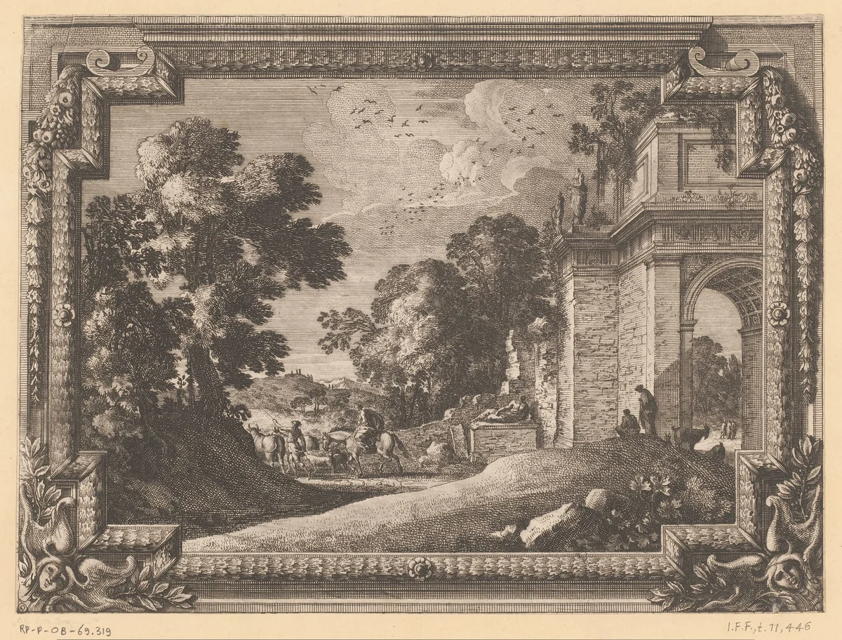 Landschap met figuren bij een poort of boog by Jean Lepautre, print, 1628-1682