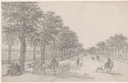 Boomrijke weg met een herder met kudde, man te paard en passanten by Georges Michel, drawing, 1773-1843