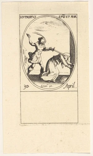 Martyrdom of Saint Eutropius, an oval composition, from "Les images de tous les saints et saintes de l'année" (Images of all the saints of the year) by Jacques Callot, print, 1632-1635