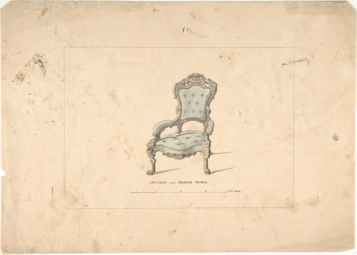 Design for Armchair, François Premier Style by Robert William Hume, drawing, 1835-1900