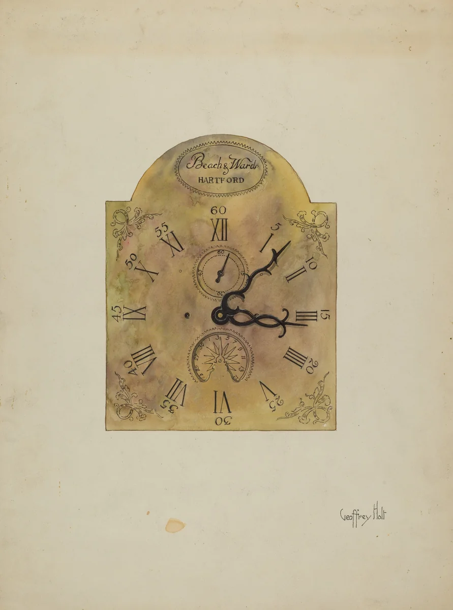 Grandfather Clock Dial by Geoffrey Holt, index of american design, 1936