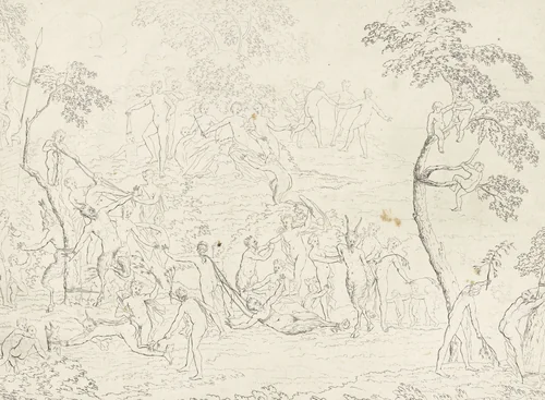 Saters door nimfen gekastijd by Gerard Melder, print, 1725