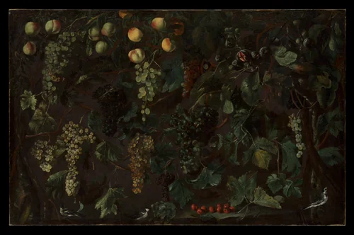 Grape Vines and Fruit, with Three Wagtails by Bartolomeo Cavarozzi, painting, 1615-1618