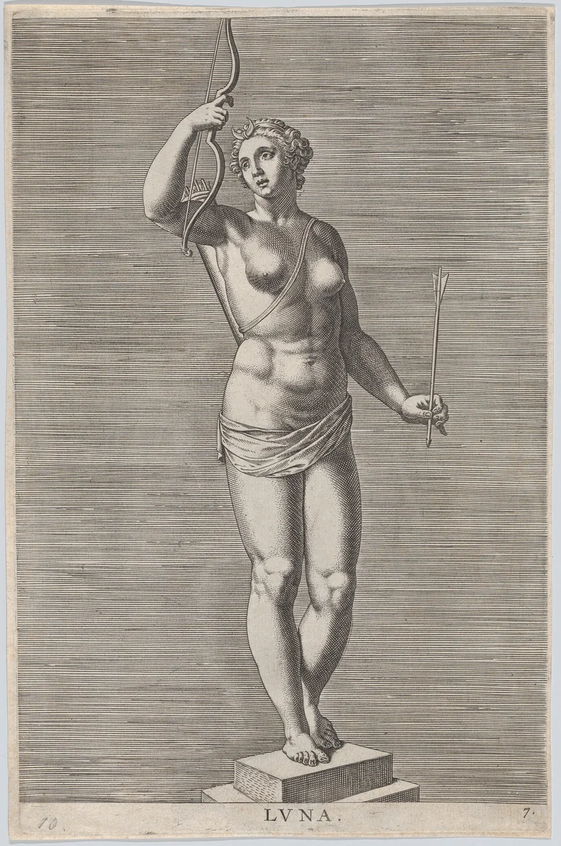 Plate 7: Diana; statue of the nude goddess standing on a socle, wearing a crescent moon in her hair and holding a bow and arrow; from "Statues of Roman Gods" by Philips Galle, print, 1586