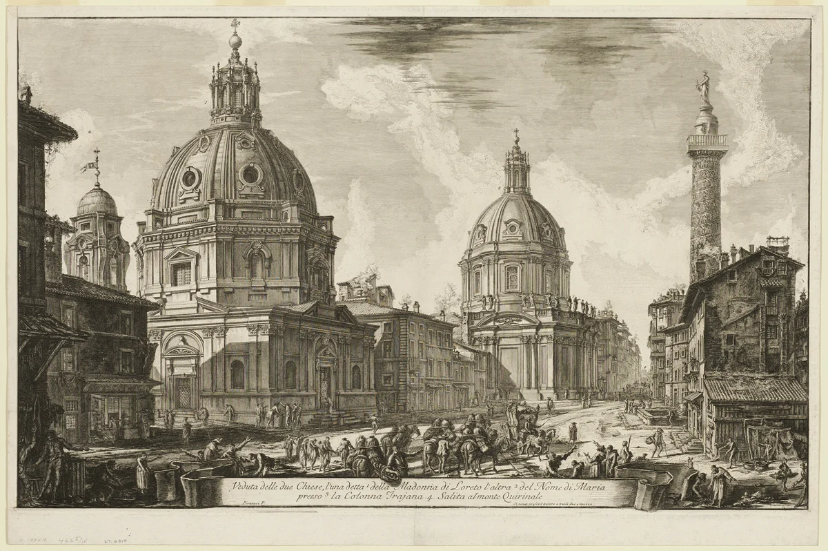 View of Two Churches, One Called 1. S. Maria di Loreto, the other 2. The Name of Mary, near 3. Trajan's Column. 4. The ascent to the Quirinal, from Views of Rome by Giovanni Battista Piranesi, print, 1762