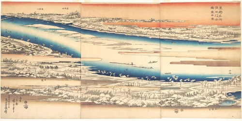Celebrated Places in the Eastern Capital: Panoramic View of the Sumida River in Snow by Utagawa Hiroshige (歌川広重), print, 1830-1850