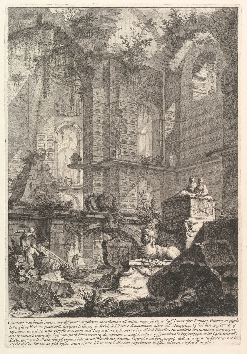 Camera sepolcrale inventata e disegnata conforme al costume, e all'antica magnificenza degl'Imperatori Romani... (Imaginary sepulcral chamber designed according to the fashion and ancient magnficence of the Roman Emperors...), from "Prima Parte di Architettura, e Prospettive" by Giovanni Battista Piranesi, print, 1745-1755