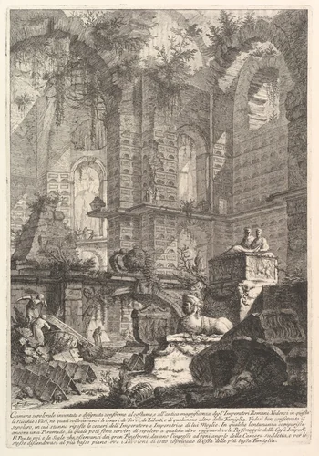 Camera sepolcrale inventata e disegnata conforme al costume, e all'antica magnificenza degl'Imperatori Romani... (Imaginary sepulcral chamber designed according to the fashion and ancient magnficence of the Roman Emperors...), from "Prima Parte di Architettura, e Prospettive" by Giovanni Battista Piranesi, print, 1745-1755