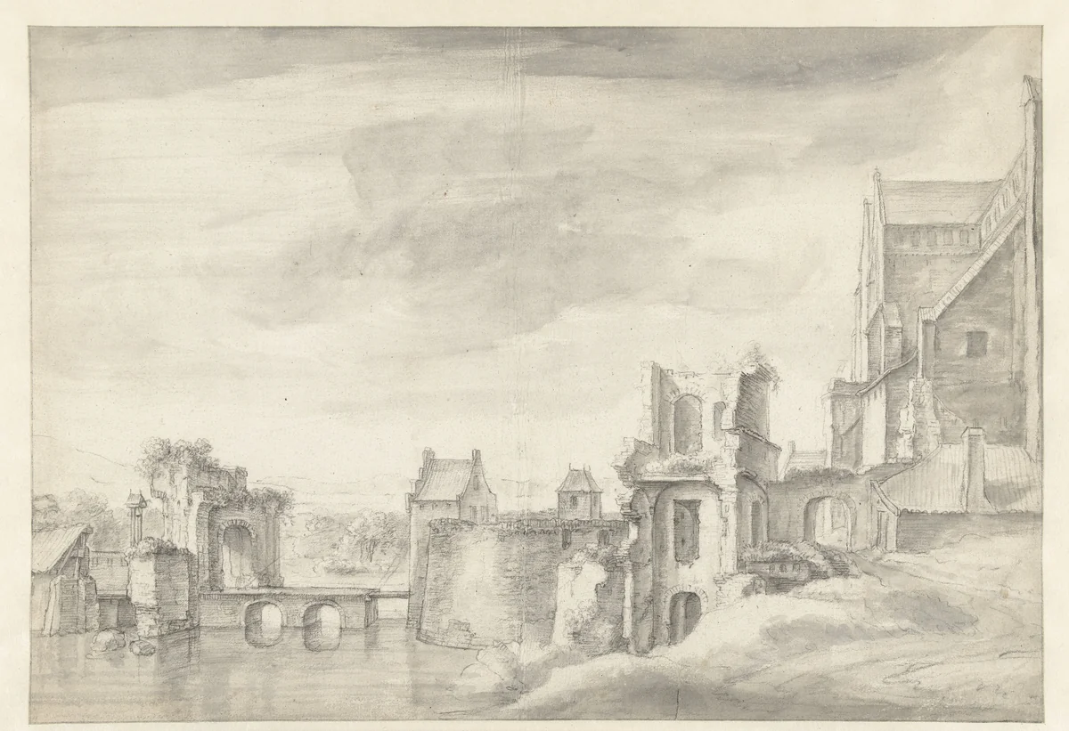 Gezicht op ruïnes aan een rivieroever (St. Walburgkerk te Arnhem?) by Anthonie Waterloo, drawing, 1619-1690