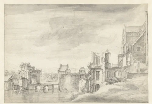 Gezicht op ruïnes aan een rivieroever (St. Walburgkerk te Arnhem?) by Anthonie Waterloo, drawing, 1619-1690