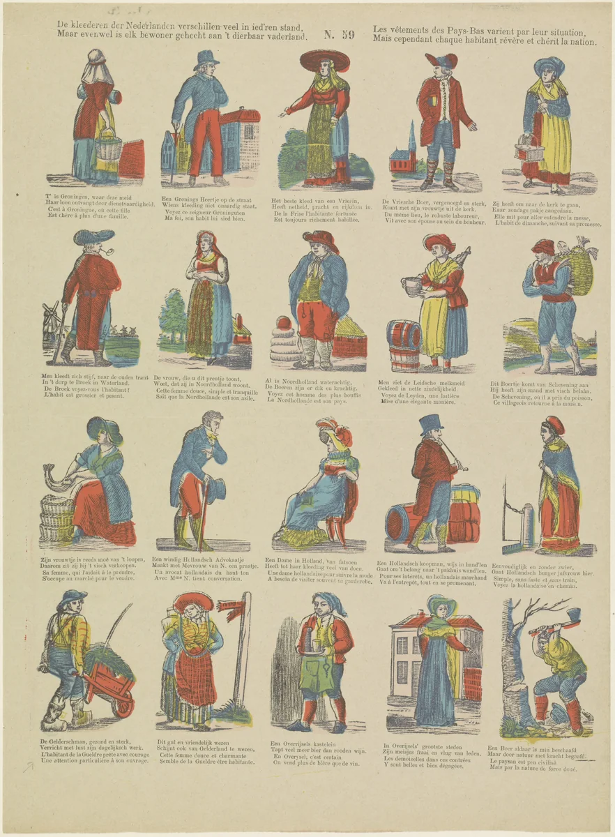De kleederen der Nederlanden verschillen veel in ied'ren stand, / Maar even wel is elk bewoner gehecht aan 't dierbaar vaderland / Les vêtements des pays-Bas varient par leur situation, / Mais cependant chaque habitant révère et chérit la nation by Brepols & Dierckx zoon, print, 1833-1911