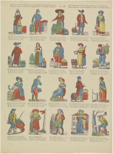 De kleederen der Nederlanden verschillen veel in ied'ren stand, / Maar even wel is elk bewoner gehecht aan 't dierbaar vaderland / Les vêtements des pays-Bas varient par leur situation, / Mais cependant chaque habitant révère et chérit la nation by Brepols & Dierckx zoon, print, 1833-1911