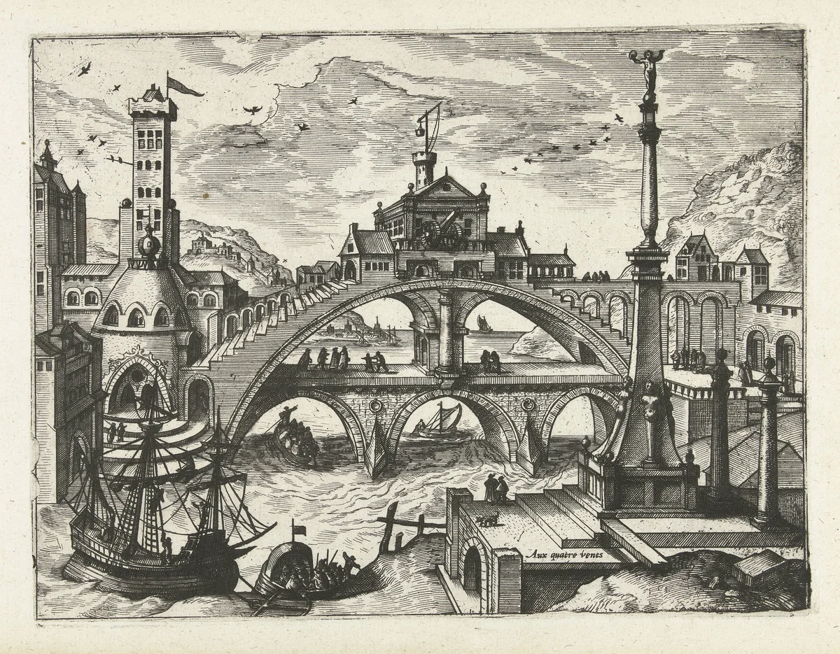 Stad met bebouwde brug by Unknown, print, 1570-1580