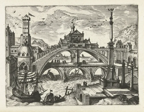 Stad met bebouwde brug by Unknown, print, 1570-1580