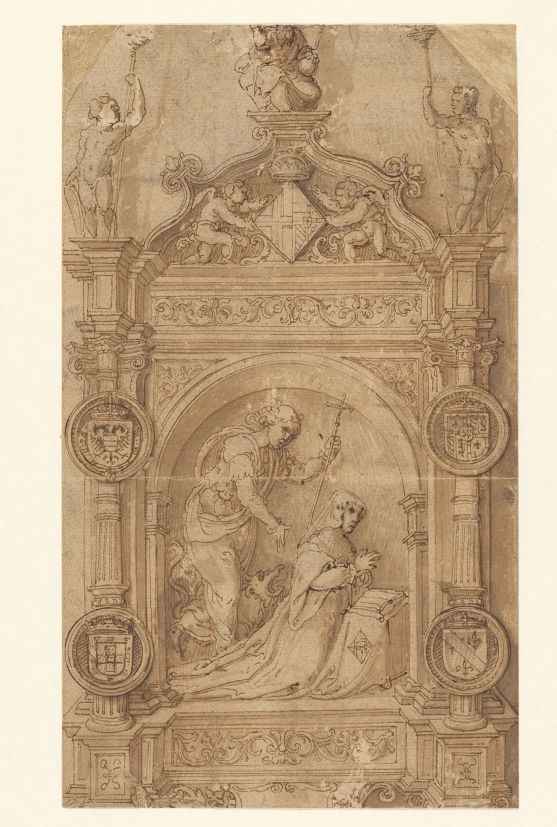 Ontwerp voor een grafmonument voor Margaretha van Oostenrijk by Lancelot Blondeel, drawing, 1543-1556