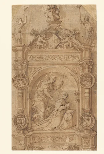 Ontwerp voor een grafmonument voor Margaretha van Oostenrijk by Lancelot Blondeel, drawing, 1543-1556