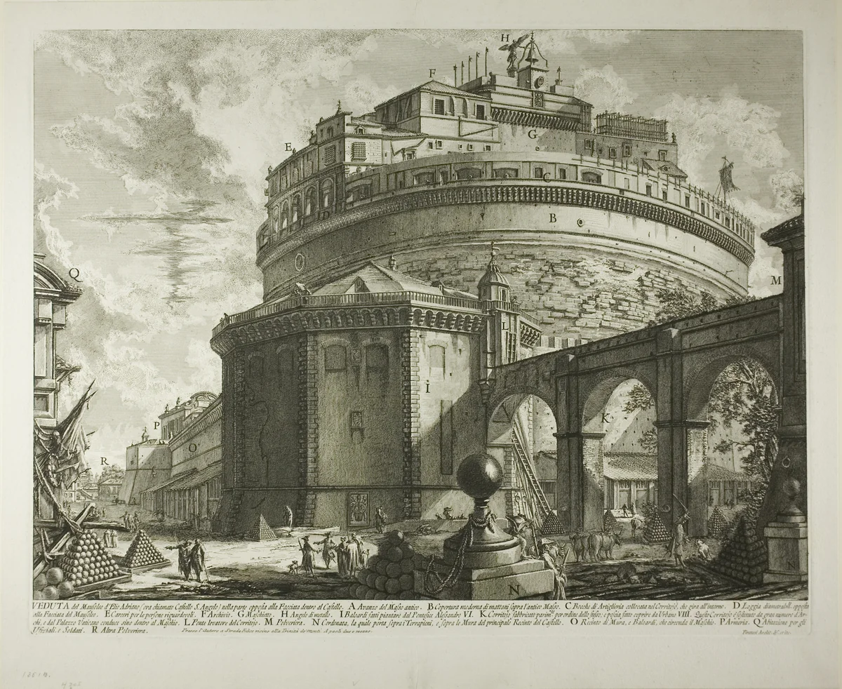 View of the Mausoleum of the Emperor Hadrian (now called Castel Sant’Angelo) from the Rear, from Vedute di Roma (Views of Rome) by Giovanni Battista Piranesi, print, 1750-1759