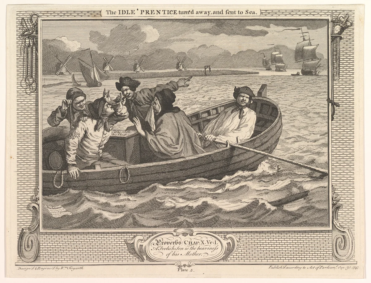 The Idle 'Prentice Turned Away and Sent to Sea (Industry and Idleness, plate 5) by William Hogarth, print, 1747